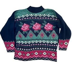 Vintage 80s Cozy Pink Rose Floral Knit Grandma Sweater Cottage Core